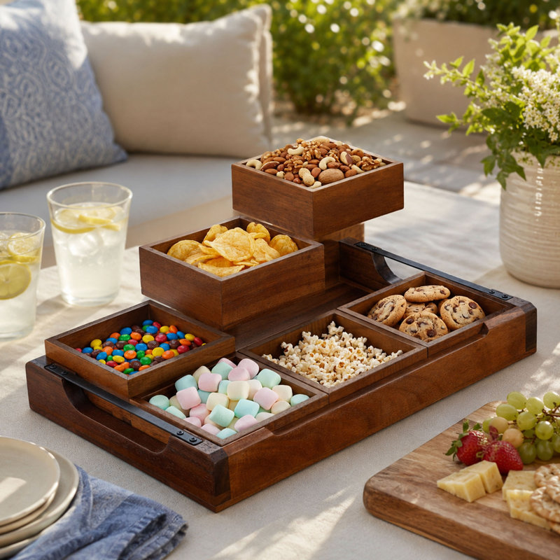 Acacia Wood Modular Serving Tray, Removable Snack Sections