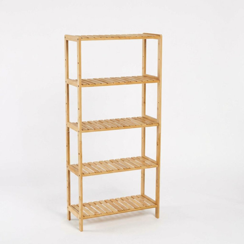 5-Tier Bamboo Shelf – Wide Narrow Plant Stand with Slatted Shelves, Natural Wood Storage Rack for Bathroom, Living Room, Kitchen, Bedroom
