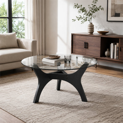 31.6 Inch Mid‑Century Modern Glass Coffee Table, Black Wood Grain Base, Stylish Centerpiece Table for Living Room, Bedroom, Reception Area and Office