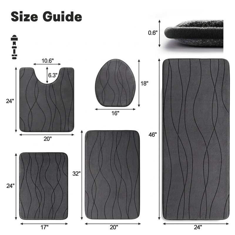 5 Piece High Absorb 25D Memory Foam Bathroom Rug Set with Non-Slip Backing, Dark Gray