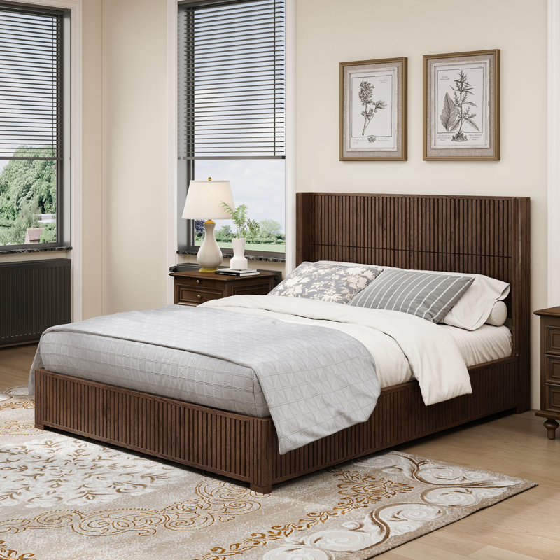 Grand lit plateforme en bois massif avec tête de lit et lit sur pied - Noyer, Queen, Walnut