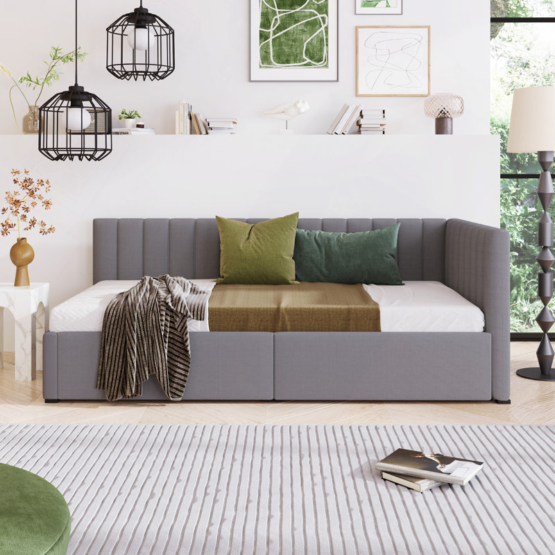 Robrick Upholstered Daybed With 2 Storage Drawers Sofa Bed Frame No Box Spring Needed, Gray, Twin