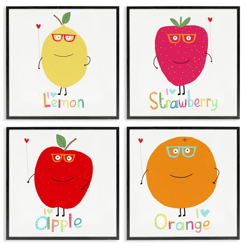 Whimsical Hipster Fruits 4 PC Giclee Art Set by Carla Daly, Midnight Black Framed Giclee, 17" H x 17" W