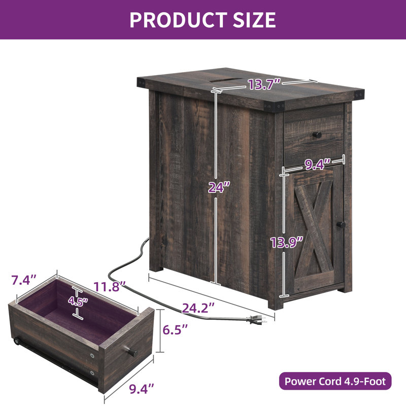 Ardala 24'' H Farmhouse End Table with Power Outlets & Drawer Cabinet