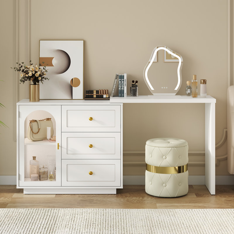 Yokota Extendable Makeup Vanity Table with 3 Drawers and Acrylic Door, White