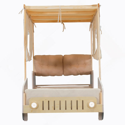 Lit voiture en bois avec coussin, toile de plafond et DEL