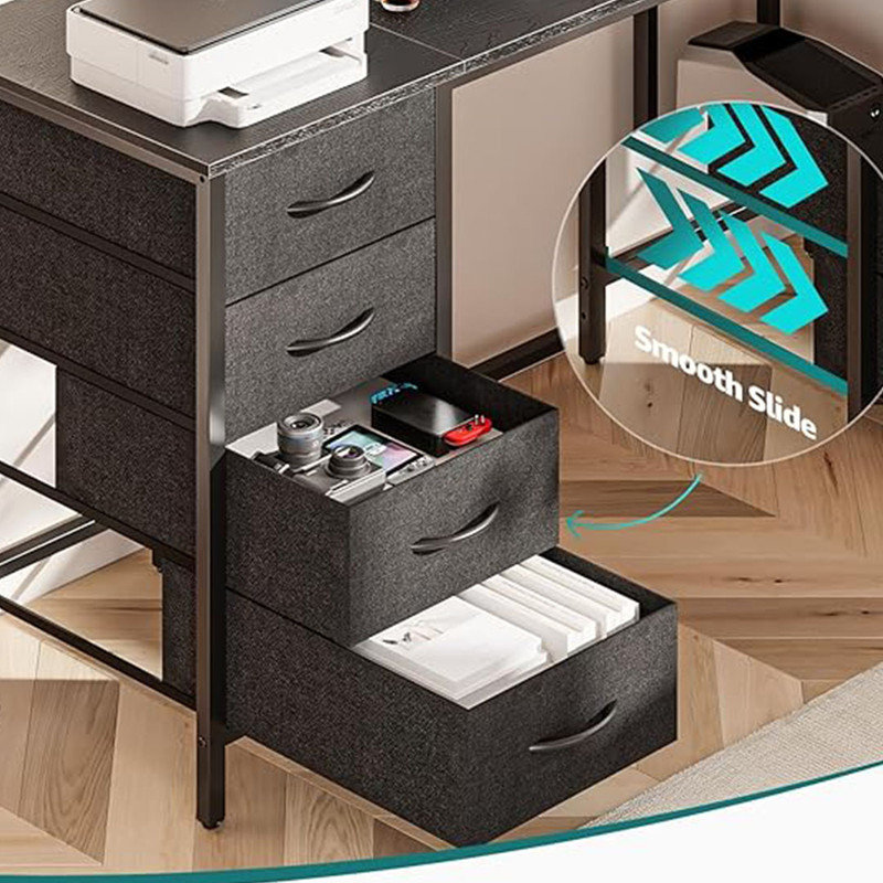 55" L Shaped Computer Desk with 4 Drawers and Power Outlet, Corner Desk with Monitor Stand & Reversible Storage Shelves, Black