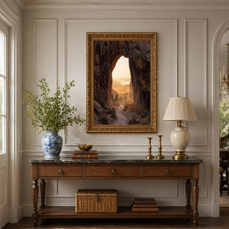 Red Rock Archway Over Golden Desert Path and Valley, art mural sur toile, H 18 po x l 24 po