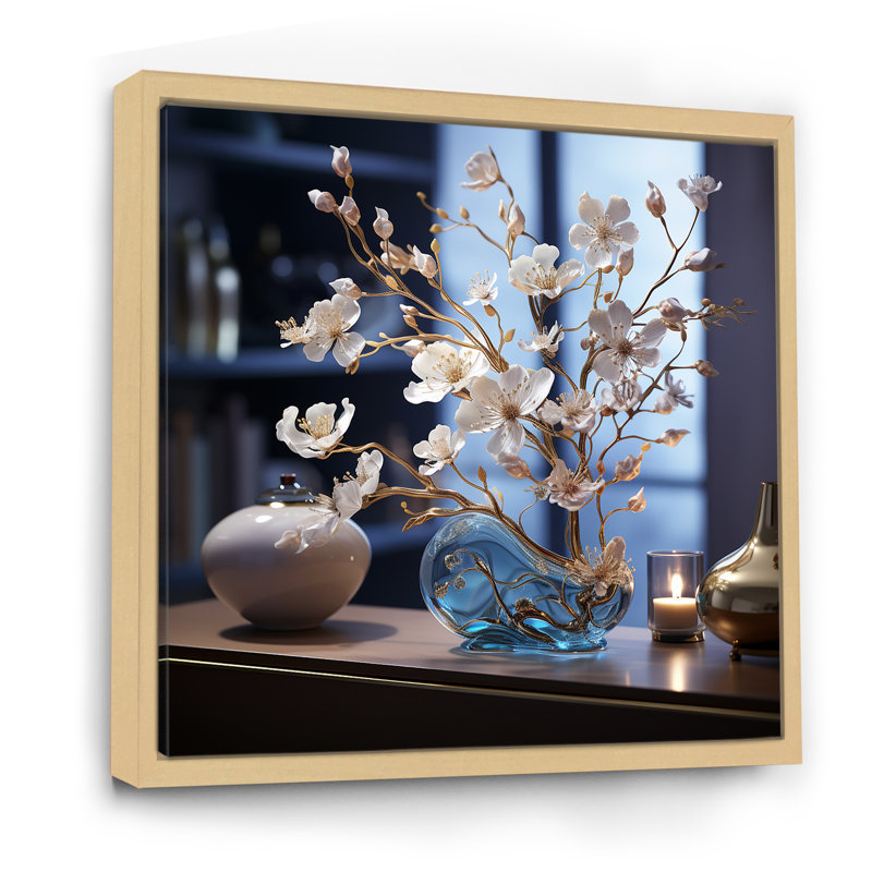 Bleuets aux accents dorés sur toile, Cadre naturel flottant, H 16 po x l 16 po x P 1 po