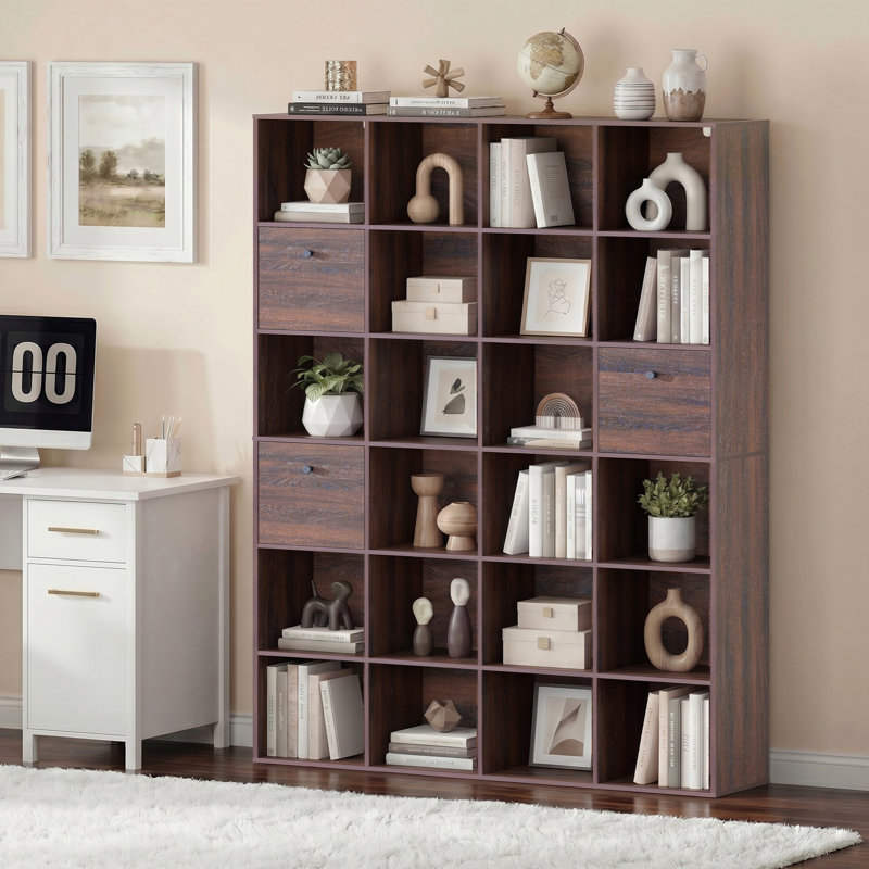 24 Cube Modular Storage Organizer with Fabric Drawers, Rustic Wood Walnut Bookcase & Room Divider,Individual, Walnut, 1
