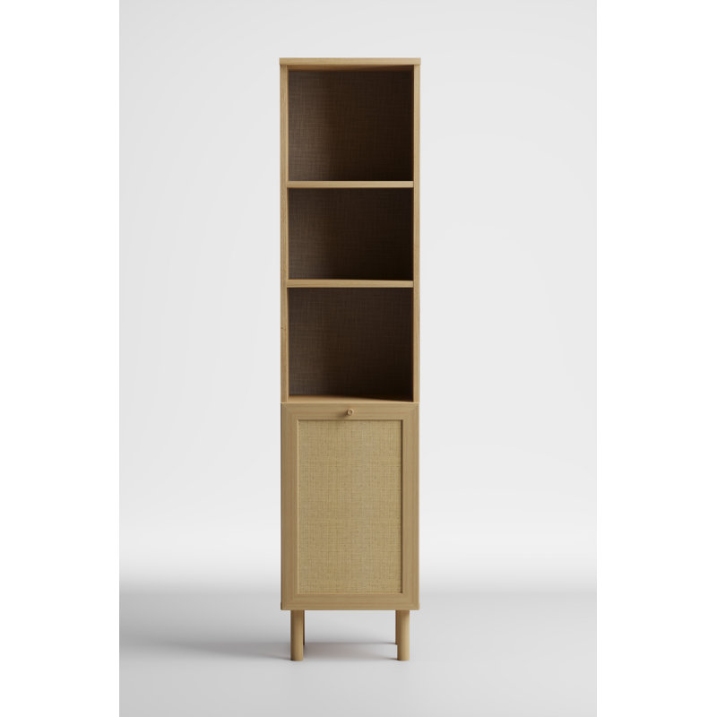 Grande bibliothèque à panneaux en rotin avec tablettes ouvertes et porte d'armoire inférieure, chêne naturel