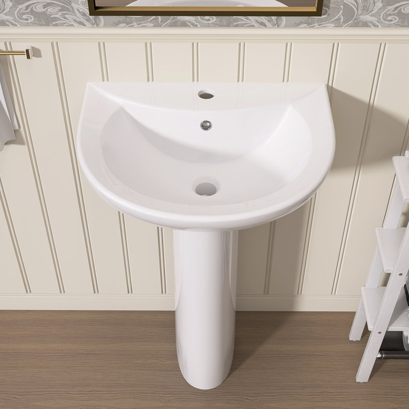 Modern U-Shape White Pedestal Bathroom Sink With Overflow
