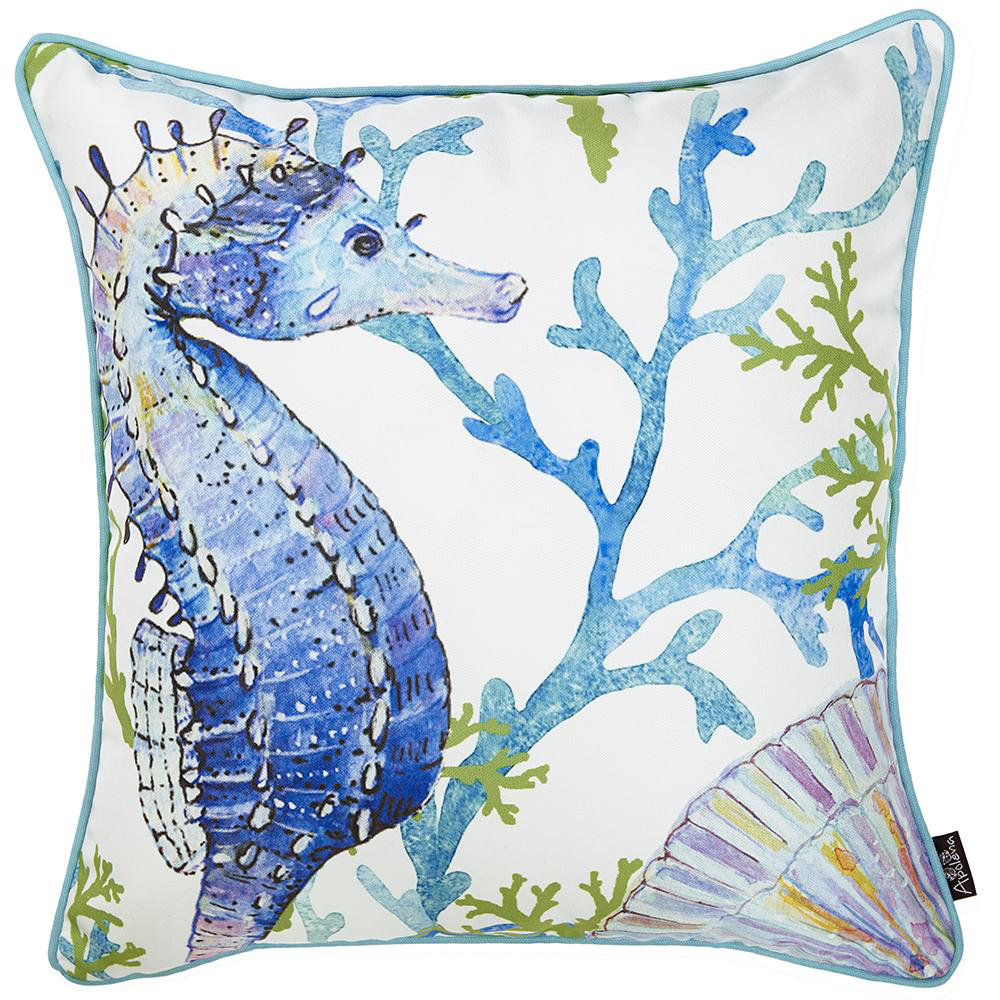 Marine Blue and White Seahorse Marine Throw Pillow Apolena 