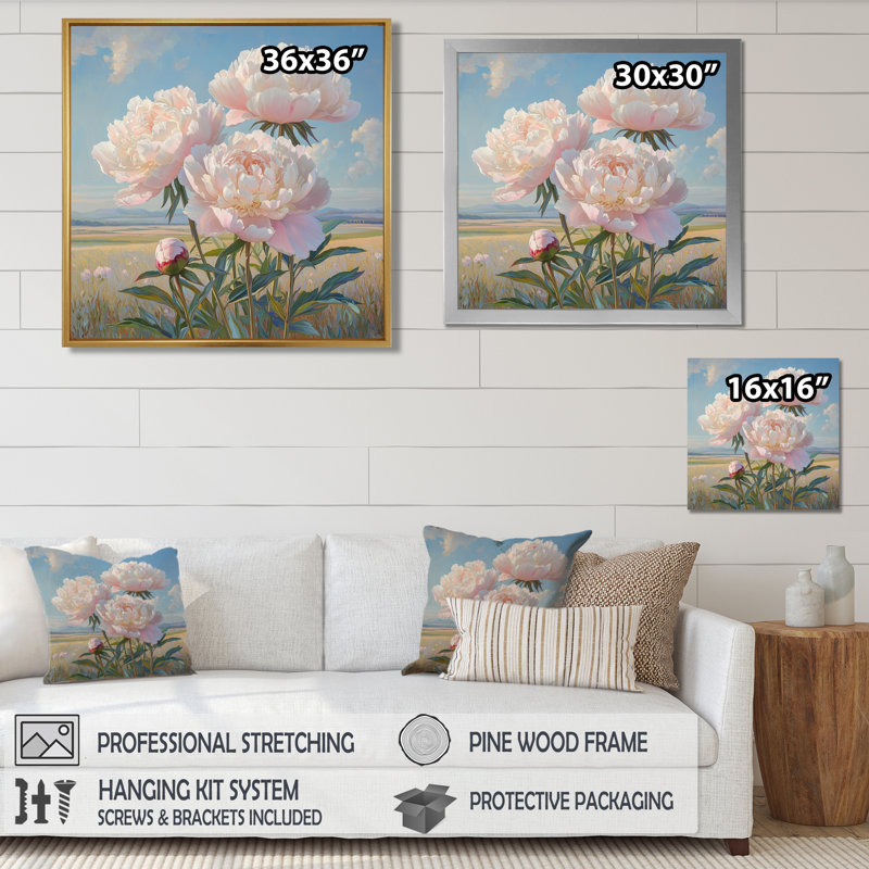 Pivoines au bord de la ferme VI - pivoines, art mural, Impression encadrée flottante, H 16 po x l 16 po, Blanc