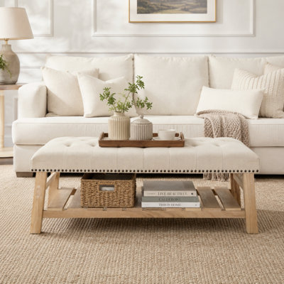 Rectangular Tufted Ottoman Coffee Table, Upholstered Bench with Nailhead Trim and Lower Slat Storage Shelf