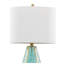 Ensemble de 2 lampes de table contemporaines avec base en métal doré, décorations en verre turquoise et abat-jour tambour en lin blanc