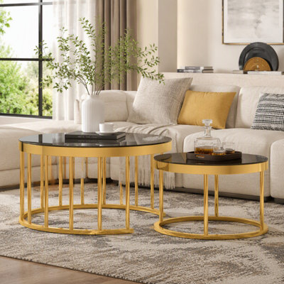 Round Nesting Coffee Table Set Of 2, Modern Gold Metal Frame Circular Cocktail Table, Tempered Glass Top Accent Nesting Tables For Living Room, Apartm
