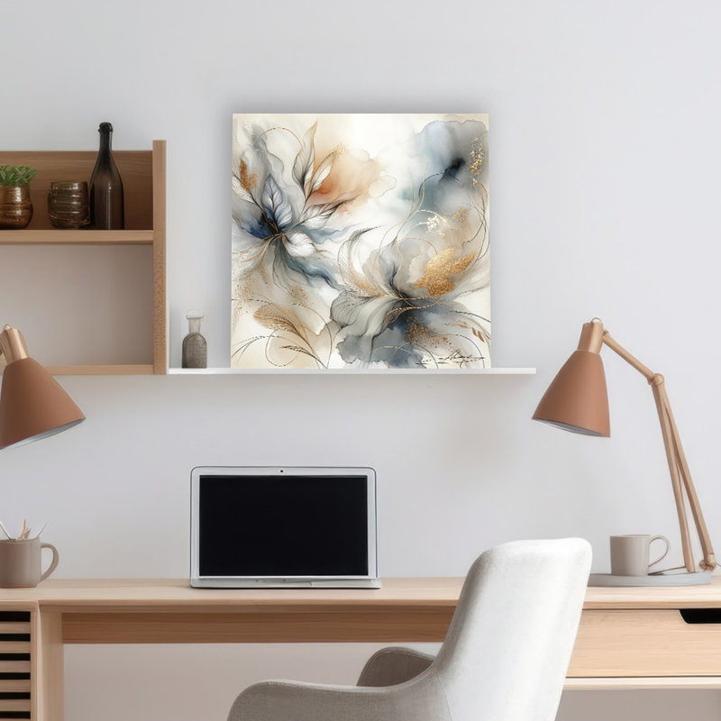 "Whispering Blossoms", art floral abstrait sur toile avec texture feuille d'or, H 20 po x l 20 po x P 1,5 po