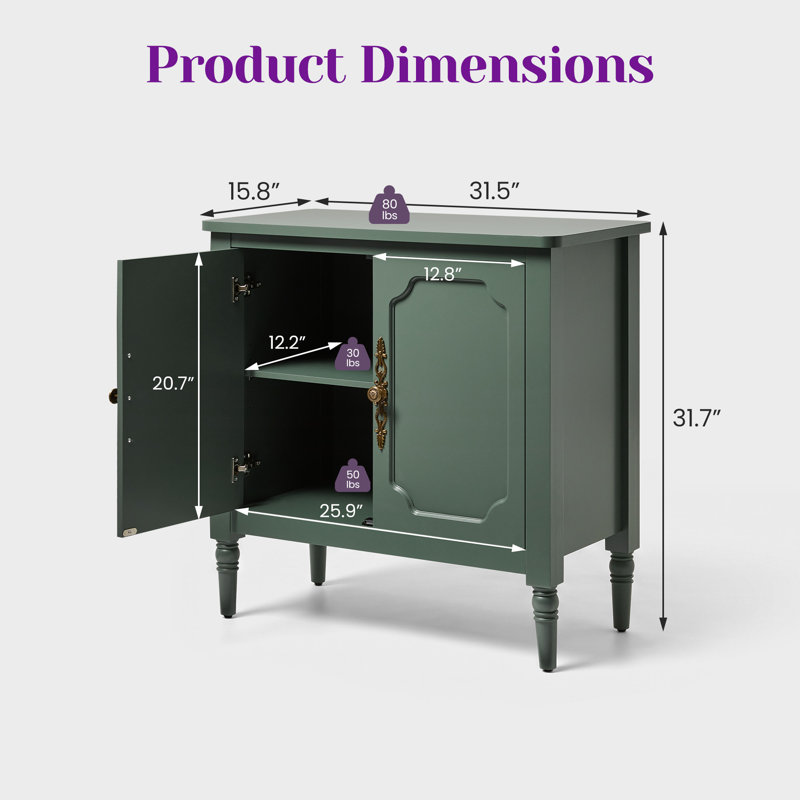 Meuble d'appoint de 80 cm avec tablette réglable, buffet de rangement vintage pour salon, Vert