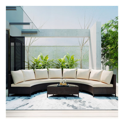 Ensemble de canapés modulaires d'extérieur en rotin PE 5 pièces en demi-lune avec table en verre trempé TopMAX