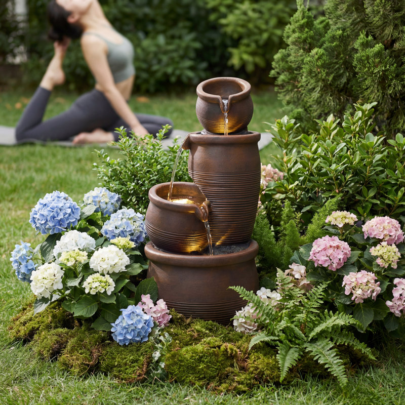 Rustic 4-Tier Clay Pot Outdoor Fountain With LED Light – Relaxing Water Feature For Garden, Patio, Or Home Décor