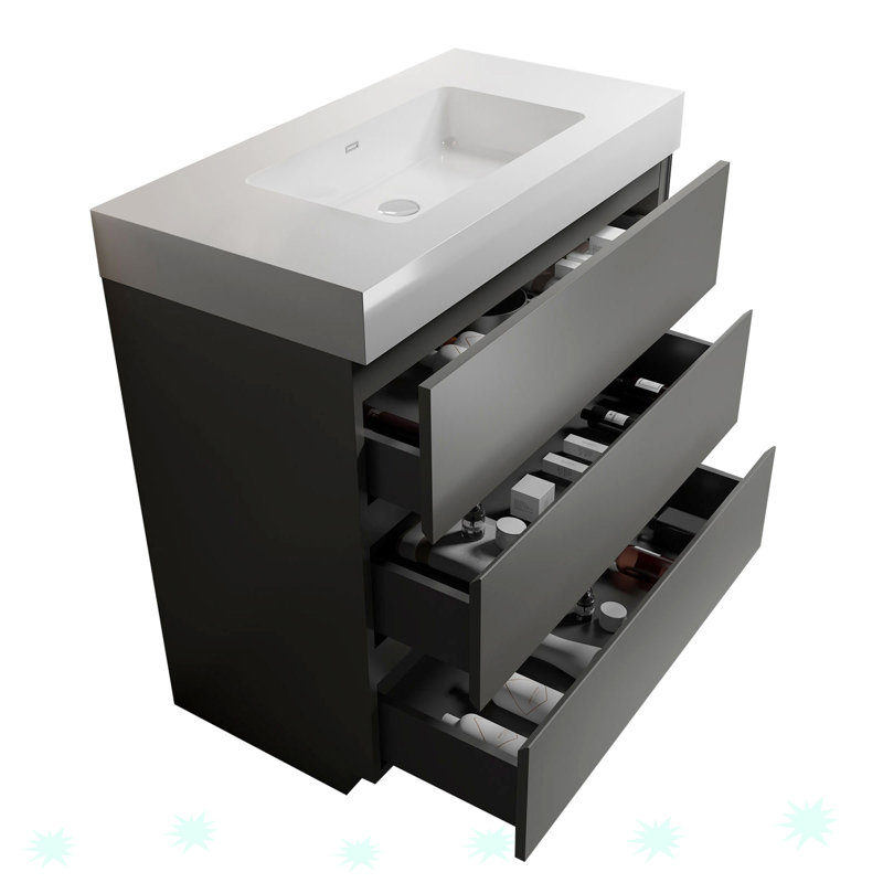 Grand meuble-lavabo autoportant pour salle de bain moderne, Blanc, Gris
