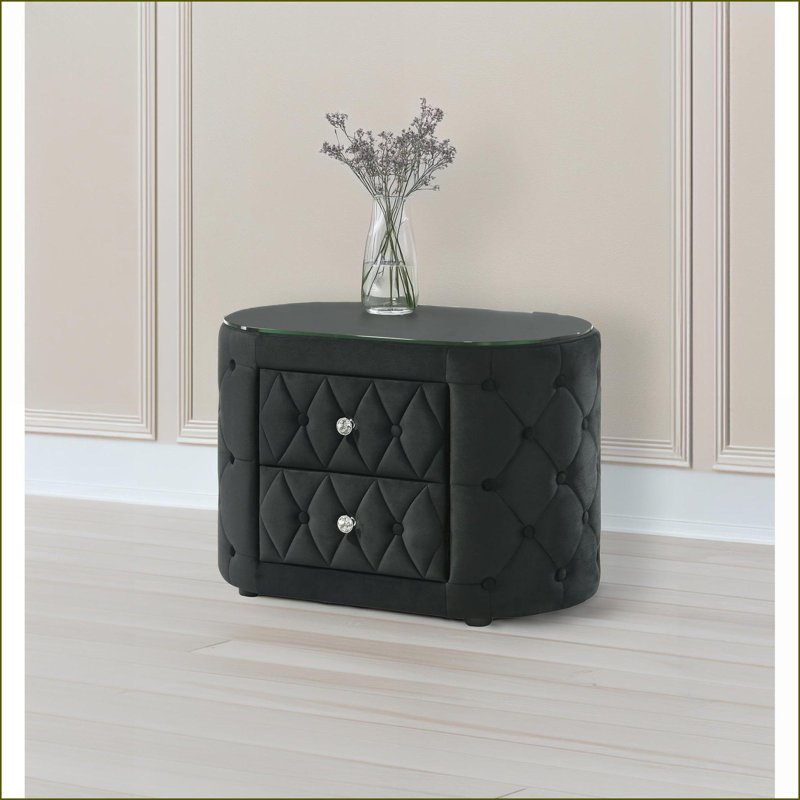 Modern Oval Nightstand with 8mm Glass Top, 2 Drawers & Faux Crystal Knobs - Black, Black