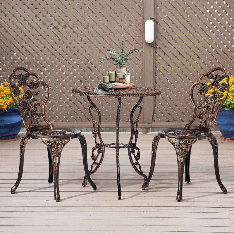 Outdoor 3-Piece Cast Aluminum Rose Bistro Set, Brown