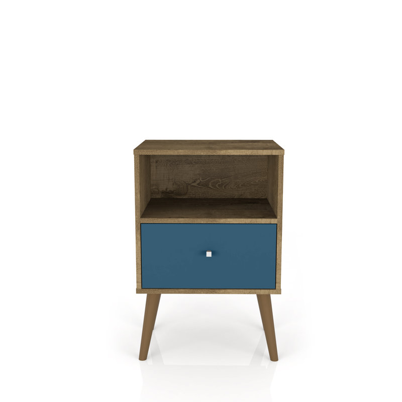 Table de chevet 1 tiroir Mid-Century moderne brun foncé et ardoise bleue Liberty, Brun rustique / Bleu aqua