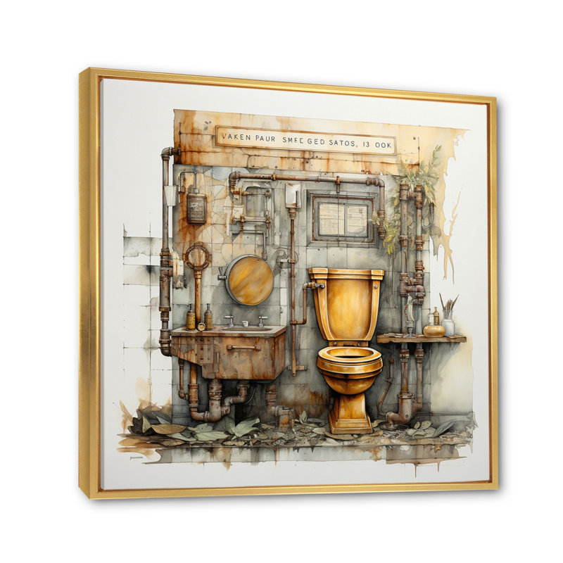 " Industrial Chic Mixed Toilet ", 16" H x 16" W x 1" D, Gold Floater Framed