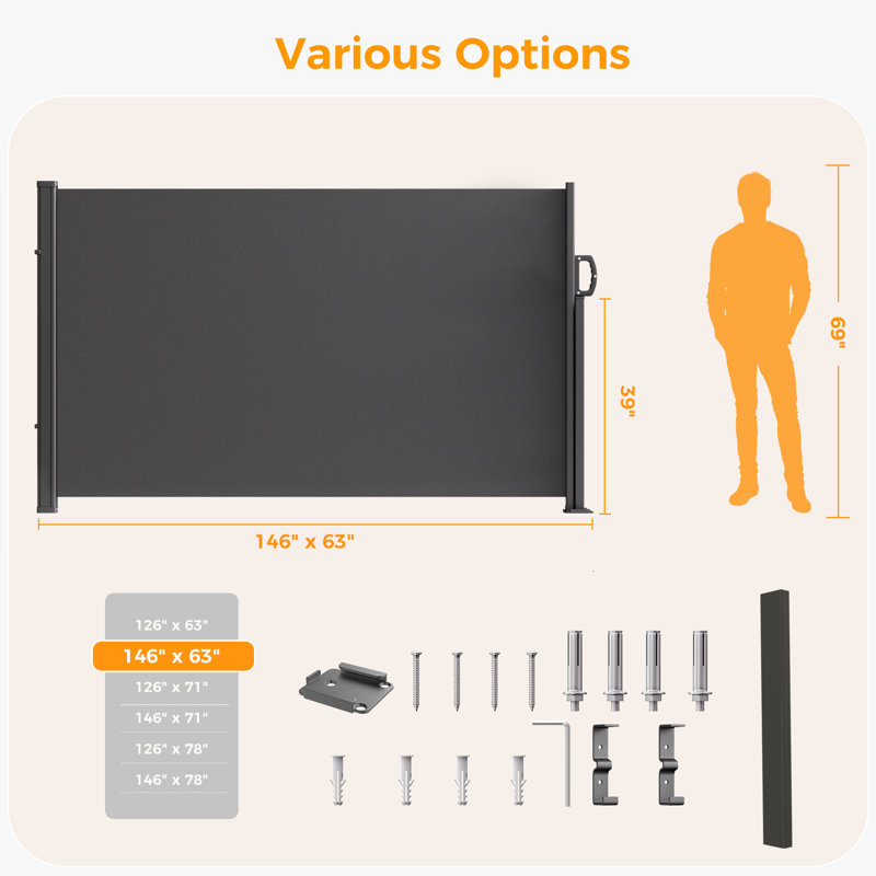 HOMEDEMO 146" x 63" Retractable Side Awning with Privacy Screen Protection, Carbon Gray Waterproof & UV-Resistant Outdoor Side Pull Shade for Patios, Balconies and Gardens