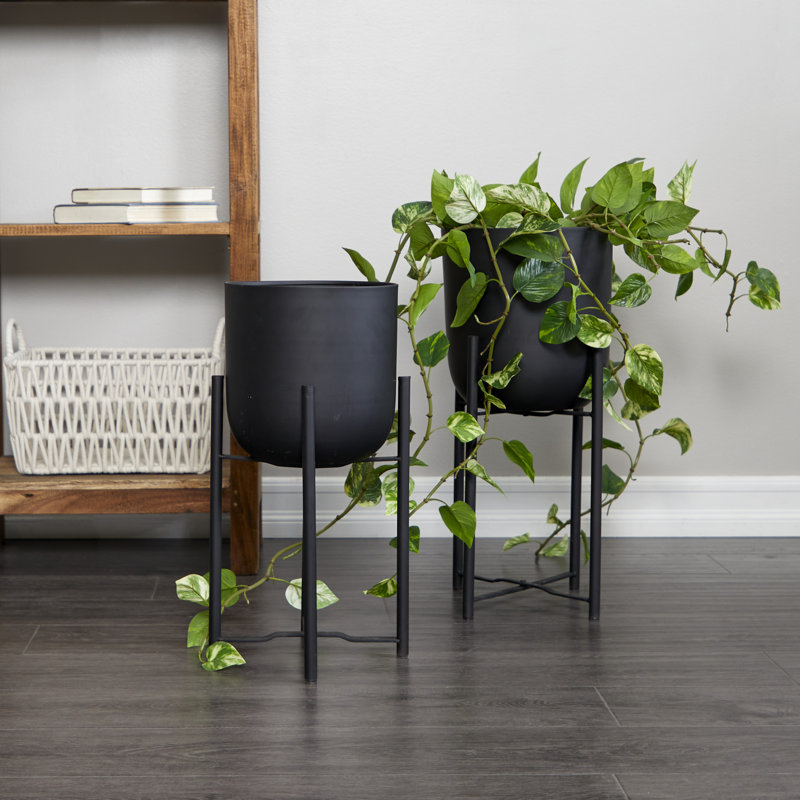Ensemble de 2 pots d'intérieur et d'extérieur en métal avec support amovible, Noir, H 21,95 po x l 10,3 po x P 10,3 po