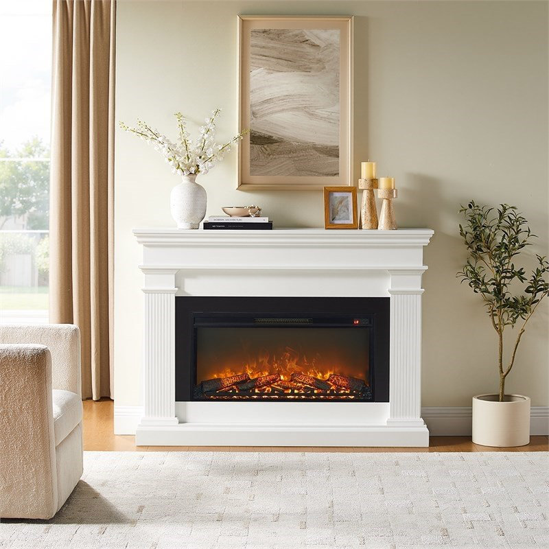  58.5" Modern Solid Wood Electric Fireplace in White