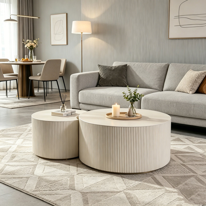 Table basse ronde, H 15,75 po x l 47,25 po x P 47,25 po, Beige + crème