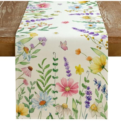 Chemin de table de printemps 13 x 120 pouces, fleurs sauvages décoratives rustiques, décoration de table de ferme pour la salle à manger de cuisine, dîner intérieur ou extérieur