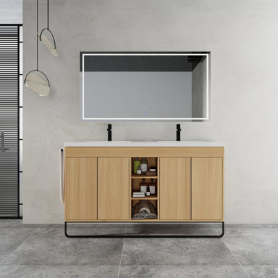 Meuble-lavabo autoportant de 60 po avec double lavabo en résine, porte à fermeture en douceur 4 et support de rangement à 3 ouvertures, emballage KD, contreplaqué