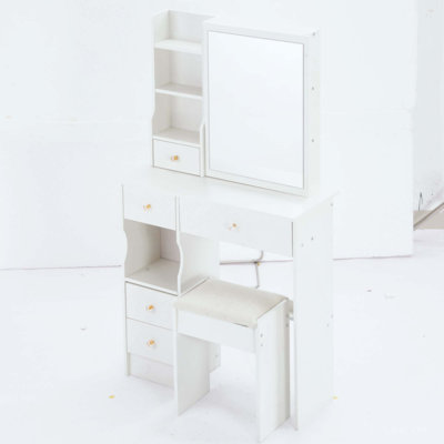 Small Space Left Drawer Desktop Vanity Table + Cushioned Stool, Extra Large Right Sliding Mirror, Multi Layer High Capacity Storage, Practical Fashionable Dresser, Suitable For Small Space