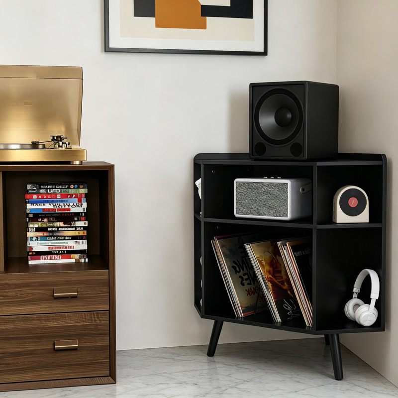 Corner Record Player Stand with Charging Station and USB Ports,Mid Century Vinyl Storage Cabinet for Music Room Living Room Small Space