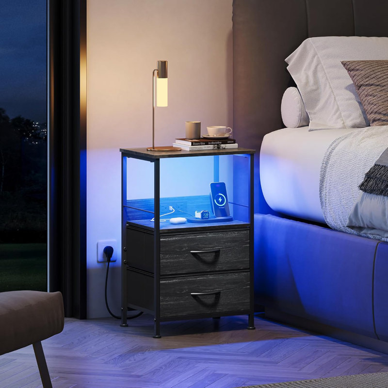 Gwytha Farmhouse Nightstands with Charging Station and LED Lights, Bedside Tables With 2 Drawers and Open Shelf, USB Ports And Outlets