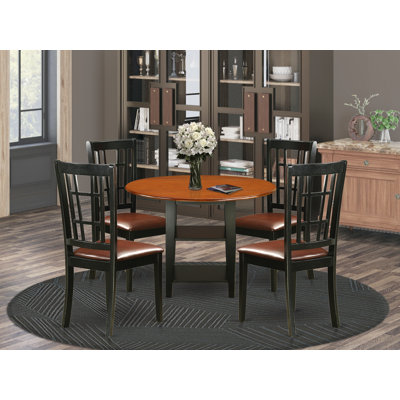 L'ensemble de table de salle à manger 5 pièces pour 4 personnes comprend une table de cuisine ronde avec Dropleaf et des tablettes et 4 chaises de cuisine en similicuir, noir et cerise