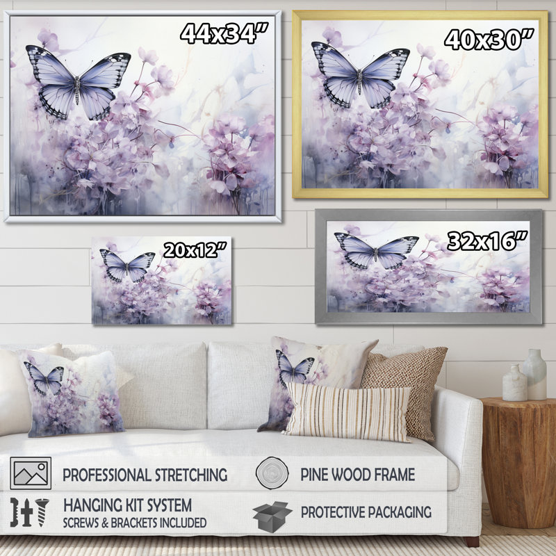 «Mauve papillon enchanté, vol I», art sur toile papillon, 30" H x 40" W, Encadrement argenté