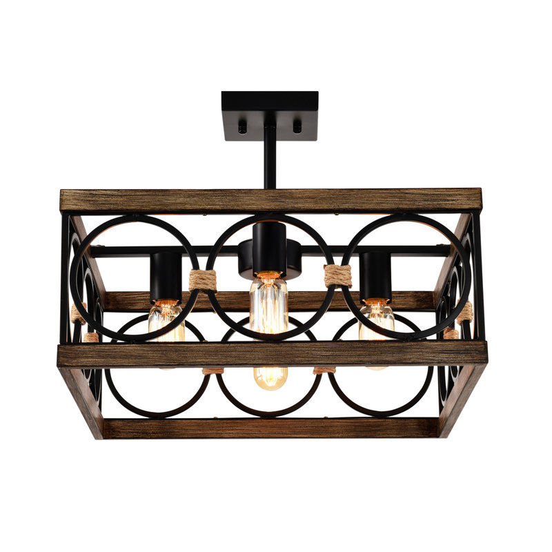 Luminaire carré pour îlot de cuisine 4 lumières pour salle à manger de style campagnard, plafonnier rectangulaire en bois et métal noir, plafonnier pour salon, salle de conférence, bureau à domicile