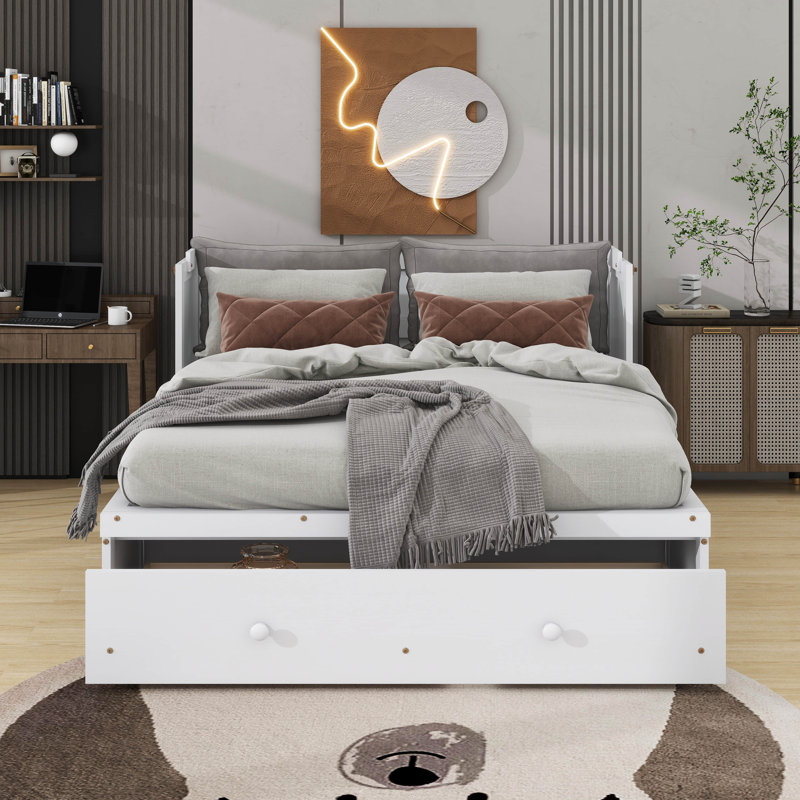Grand lit escamotable avec port USB et tiroir, Blanc, Grand lit