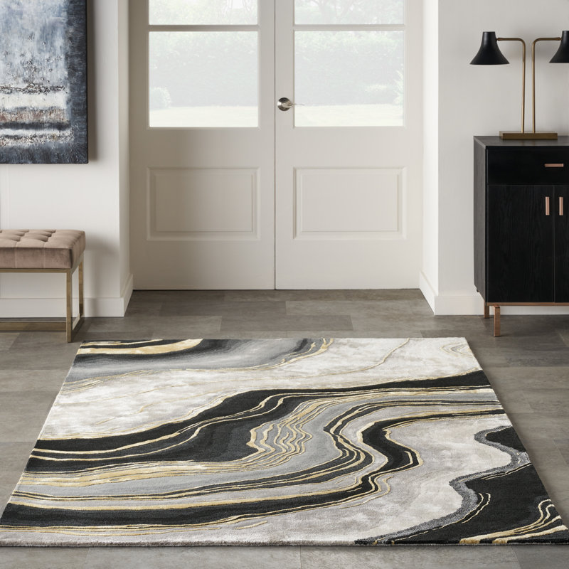 Abstract Handmade Hand Tufted Viscose Area Rug in Beige/Black/Gray, Rectangle 3'9" x 5'9"