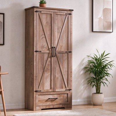 72" Kitchen Pantry Cabinet with Double Barn Door, Farmhouse Kitchen Storage with Adjustable Shelves and Drawer