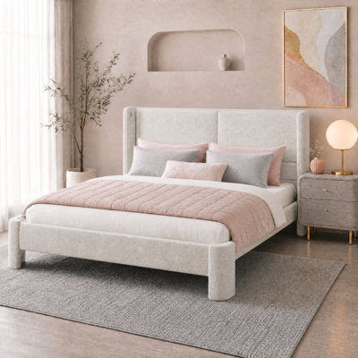 Upholstered Bed Frame With Headboard & USB Ports, Cloud Design, No Box Spring Needed, Cream White