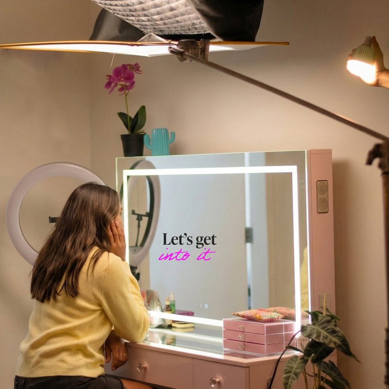 Boahaus Aria Vanity Desk with LED Mirror – 7 Drawer Makeup Vanity Table Designed as a Complete Dressing Station with Integrated Power and Speakers