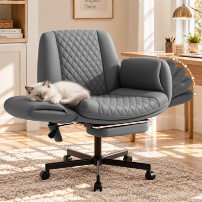 Criss Cross Office Chair with Footrest, Faux Leather Cross-Legged Desk Chair with 5-Position Adjustable Armrests, Airbag Lumbar Support, Wide Seat & Wheels for Home Office Vanity