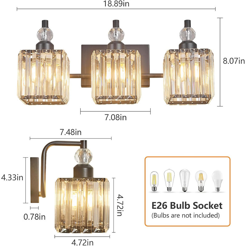 Luminaire de salle de bain moderne en cristal avec abat-jour en cristal transparent K9 pour un éclairage élégant, Noir mat