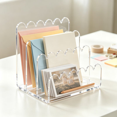 Organisateur de courrier en acrylique à trois compartiments, trieur de dossiers vertical et organisateur de bureau festonné pour lettres, enveloppes, factures, papeterie, porte-courrier pour le bureau et la maison